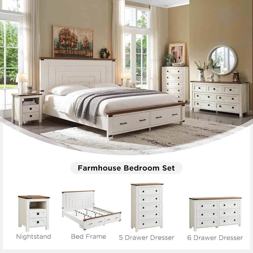 T4TREAM 54" Tall Farmhouse Queen Size Bed Frame, Antique White