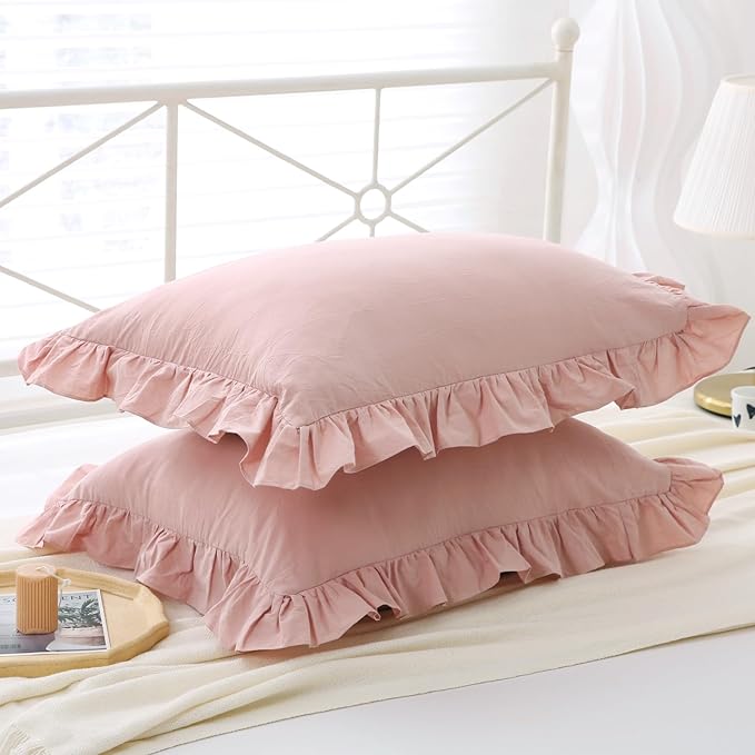 Ruffle Pillowcases Farmhouse Pillow Shams Standard Set of 2, Shabby Dusty Pink - Image 6