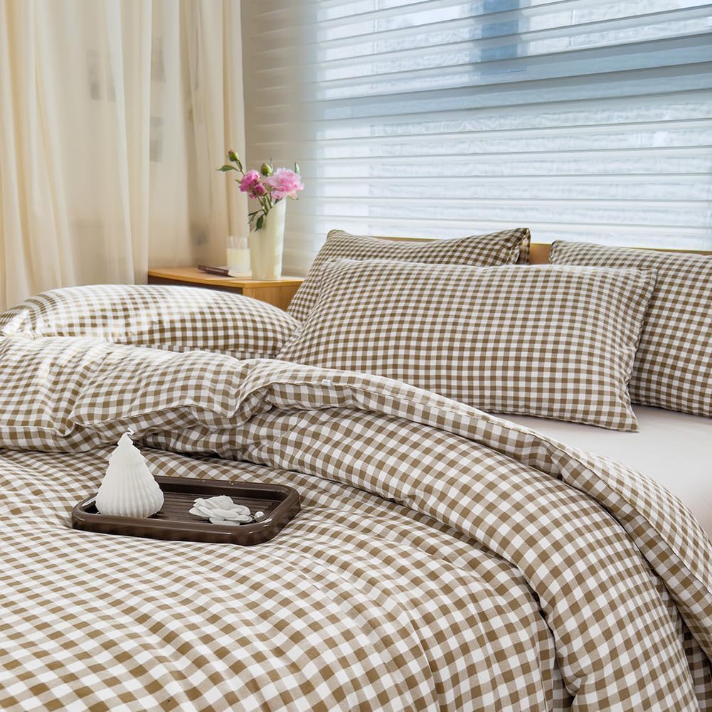 nsnlgsgc tan gingham king comforter set, 3 pieces, main product view