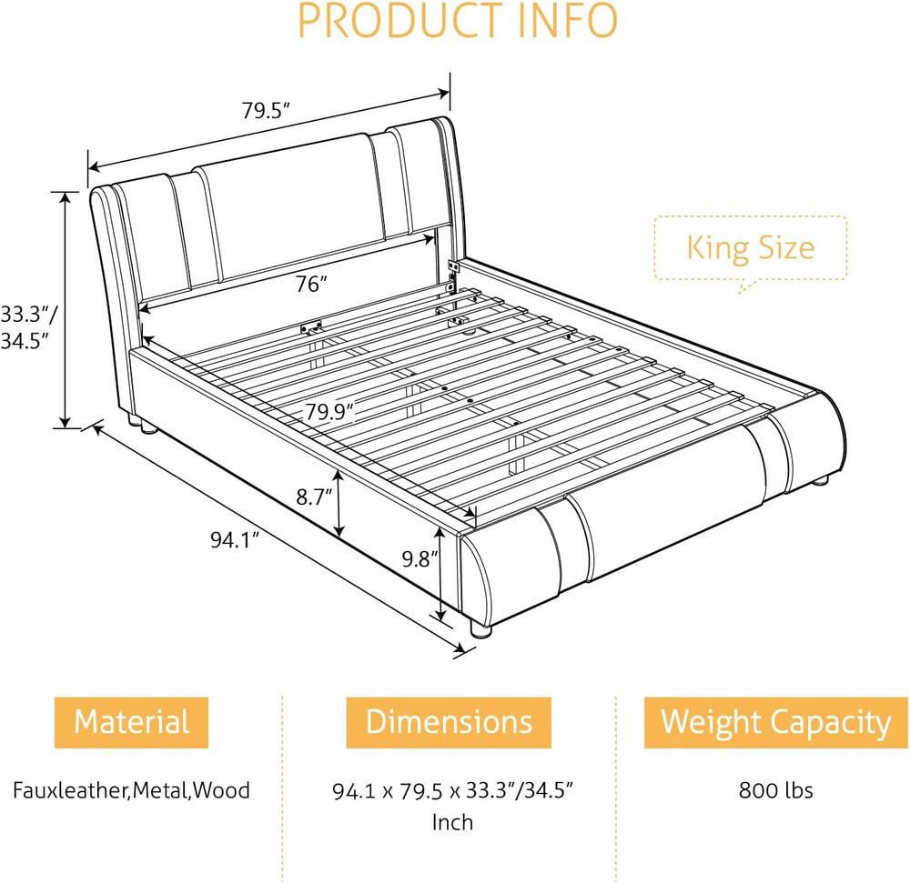 SHA CERLIN King Bed Frame with Iron Pieces, Faux Leather, Black & White