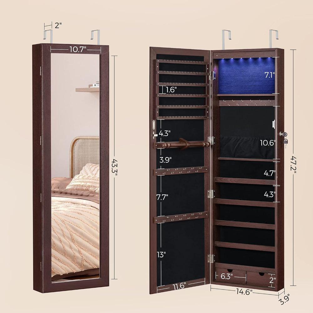 SONGMICS 6 LEDs Mirror Jewelry Cabinet, 47.2-Inch Tall, Lockable