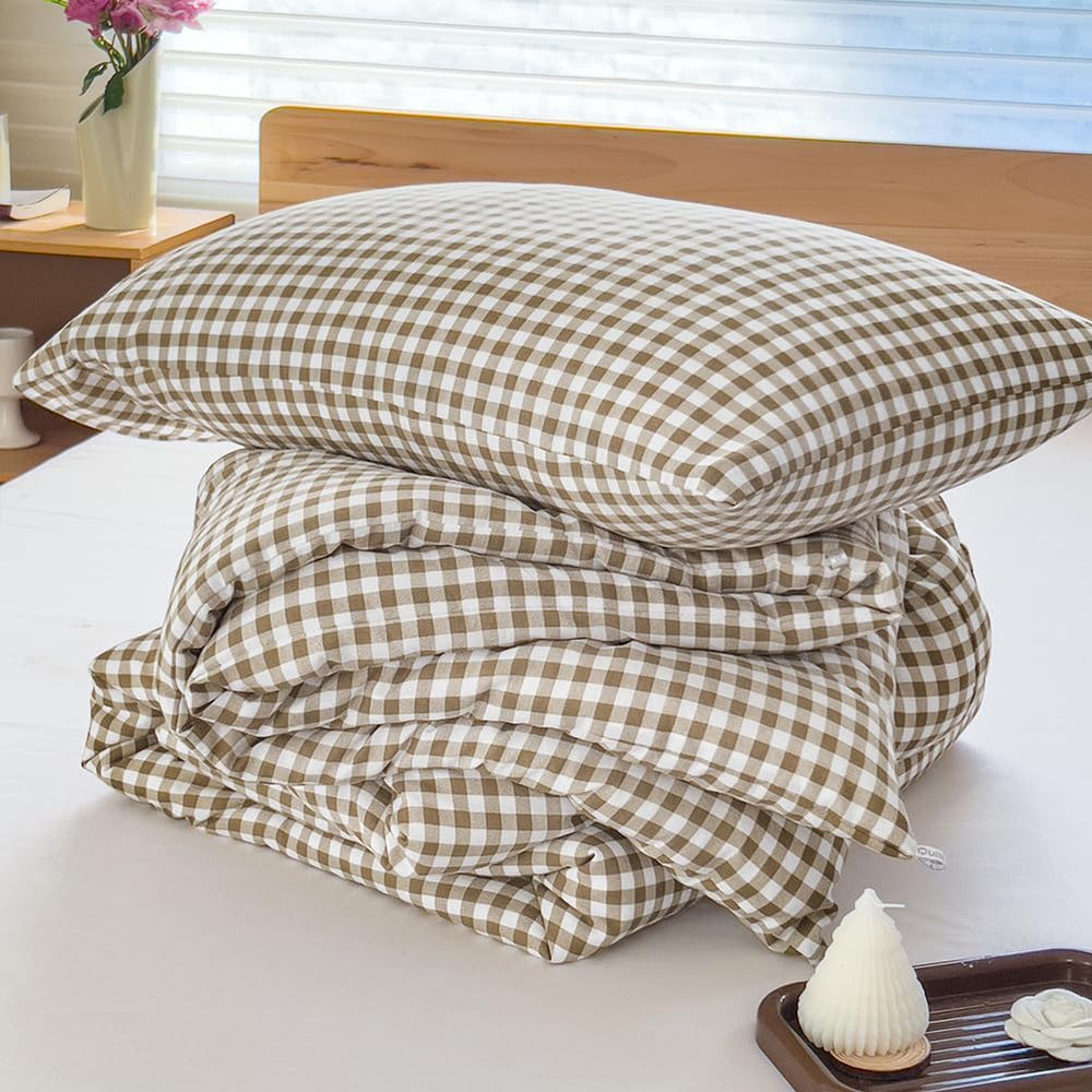 NSNLGSGC Tan Gingham Queen Comforter Set, 3 Pieces
