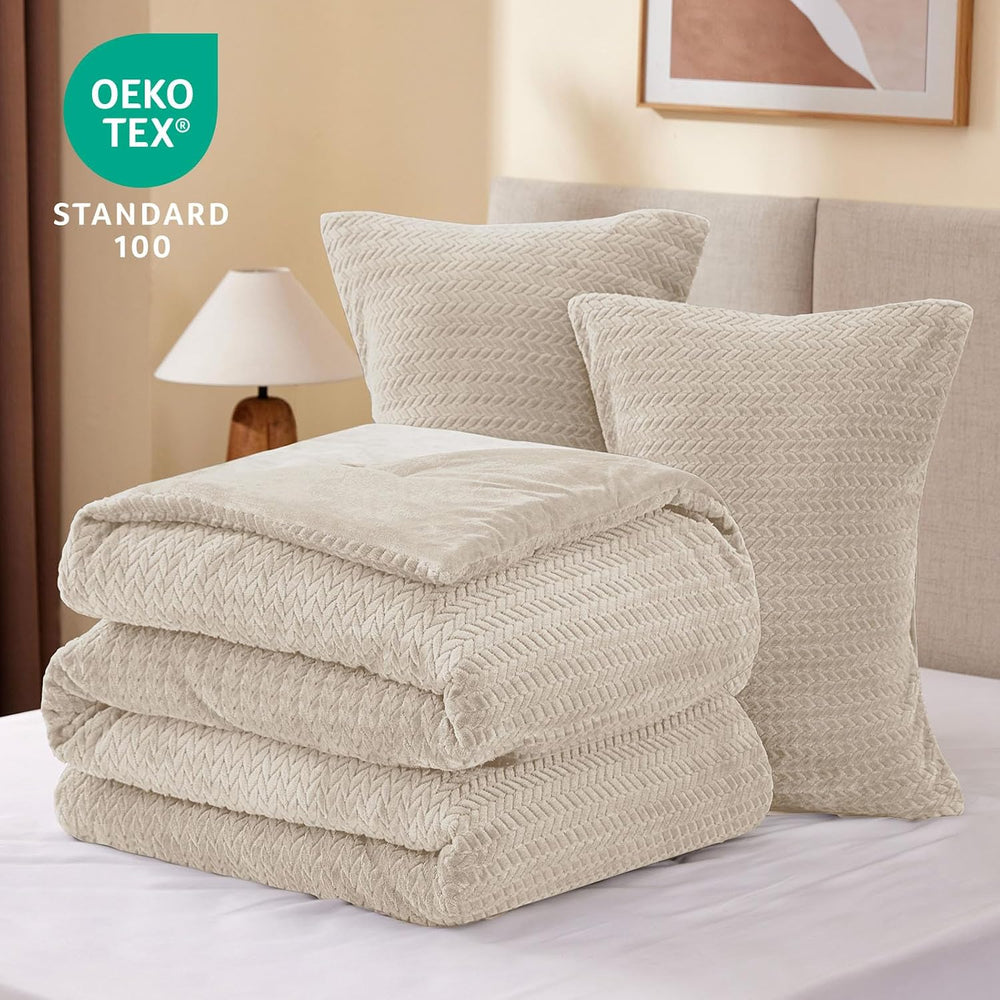 ChiXpace Fleece Full Size Comforter Set Linen, Fluffy Bed Set 3 Pieces