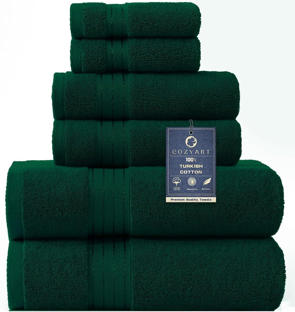 COZYART Luxury Bath Towel Set 6 Pcs, Dark Green 100% Turkish Cotton 650 GSM