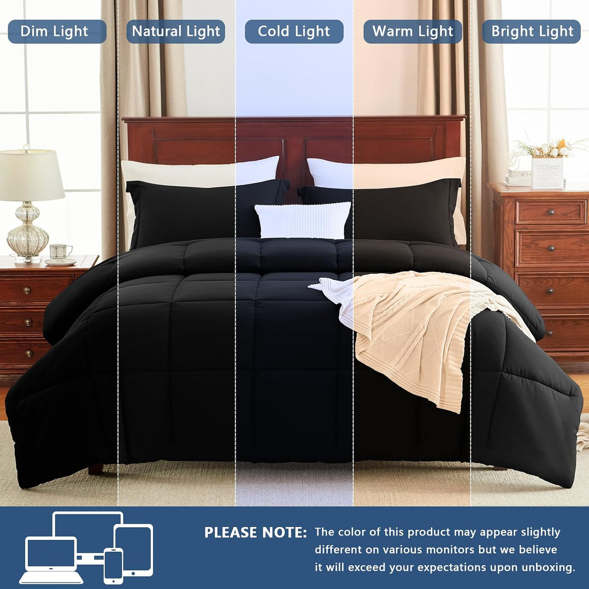cozylux full size comforter sets, 3-piece box-stitched, black, view 9