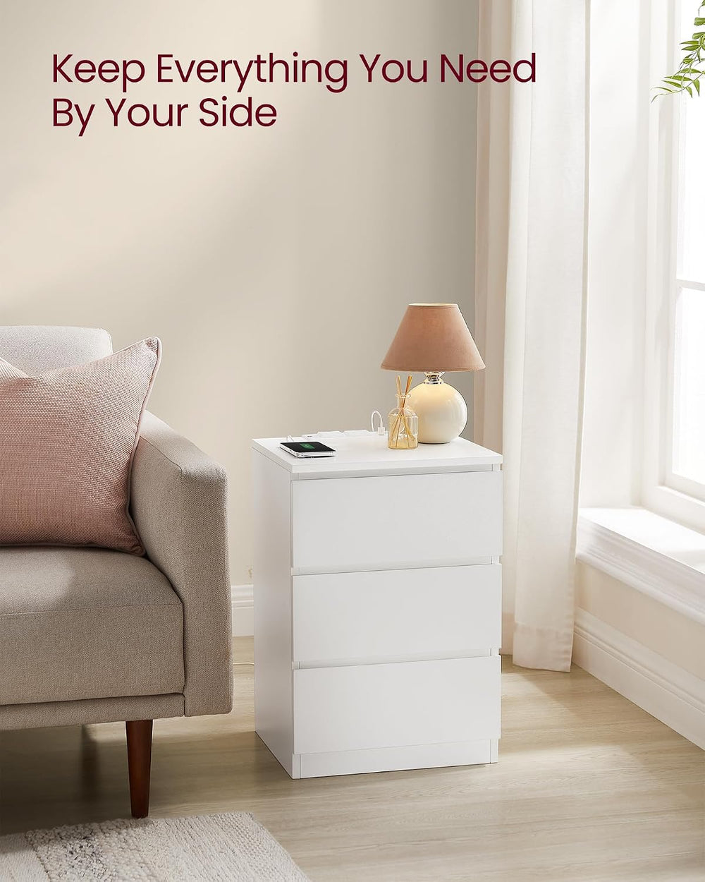 VASAGLE Nightstand with Charging Station, 3 Drawers
