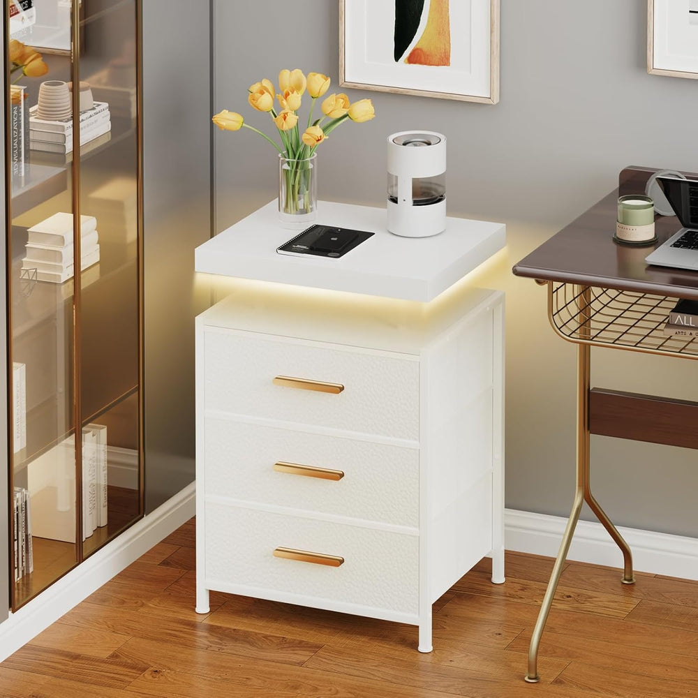 DreamDashio Nightstand with LED Lights, 3 Fabric Storage Drawers, Bedside Tab...