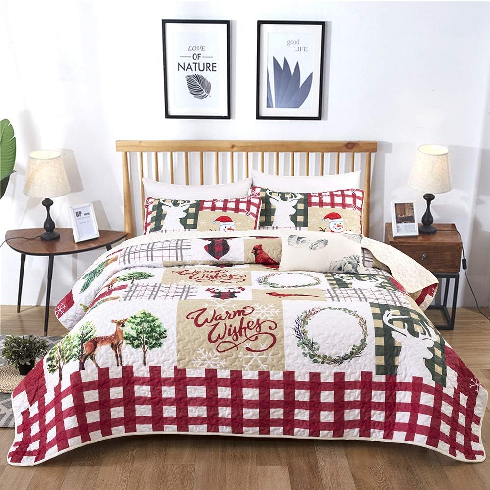 WONGS BEDDING Christmas Quilt Set Queen, Rustic Snowman Patchwork Bedding
