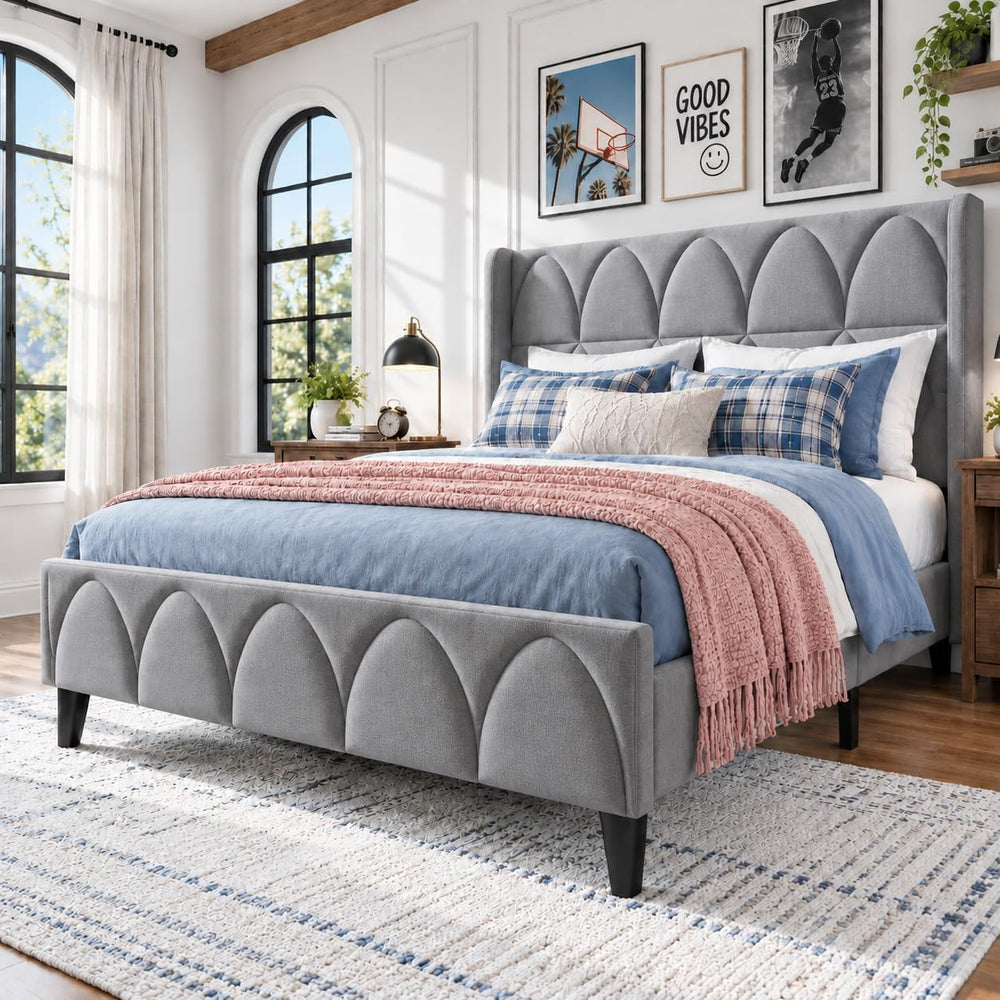 OHOHOLIVE Full Size Bed Frame Velvet Upholstered Headboard Platform Bed