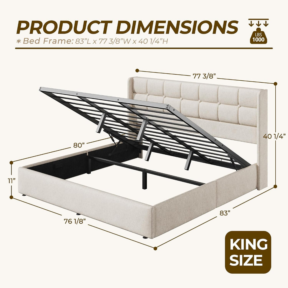 HISOFT King Size Lift Up Storage Bed Frame, Linen Upholstered Platform Bed wi...