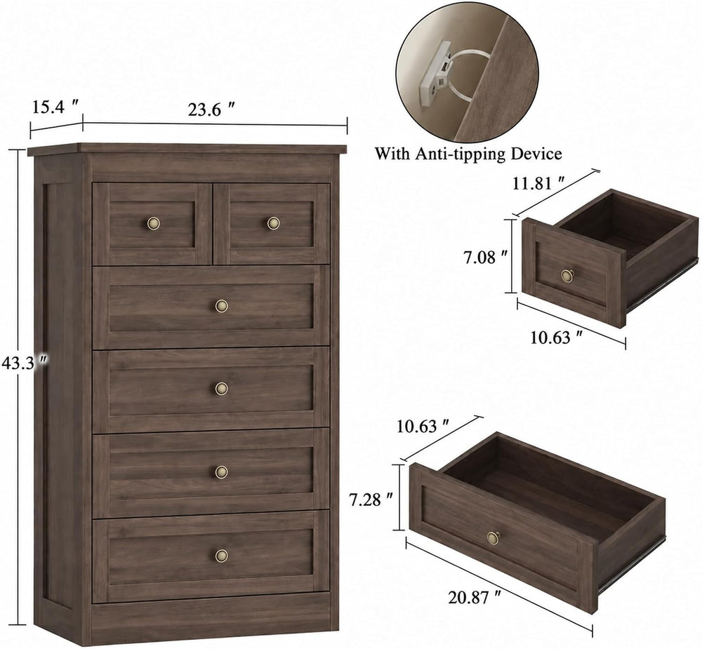 wanan Tall 6 Drawer Dresser for Bedroom, Gray Walnut Modern 43.3'' Ta...