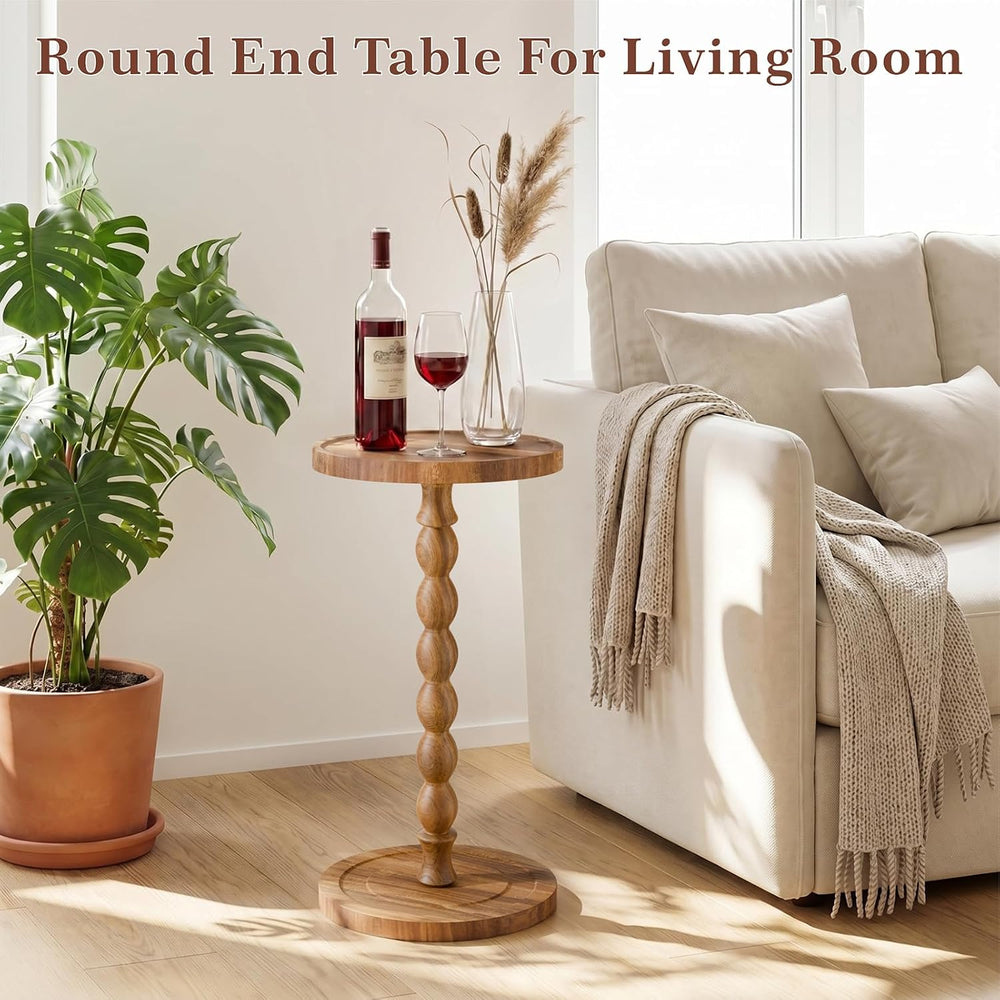 Small Round Side Table, Acacia Wood Drink Table for Small Spaces