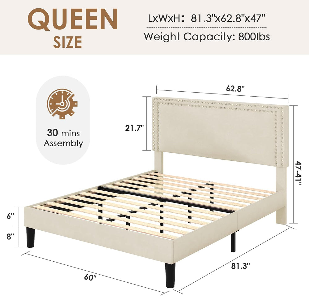 VECELO Queen Size Platform Bed Frame with Height Adjustable Upholstered Headb...