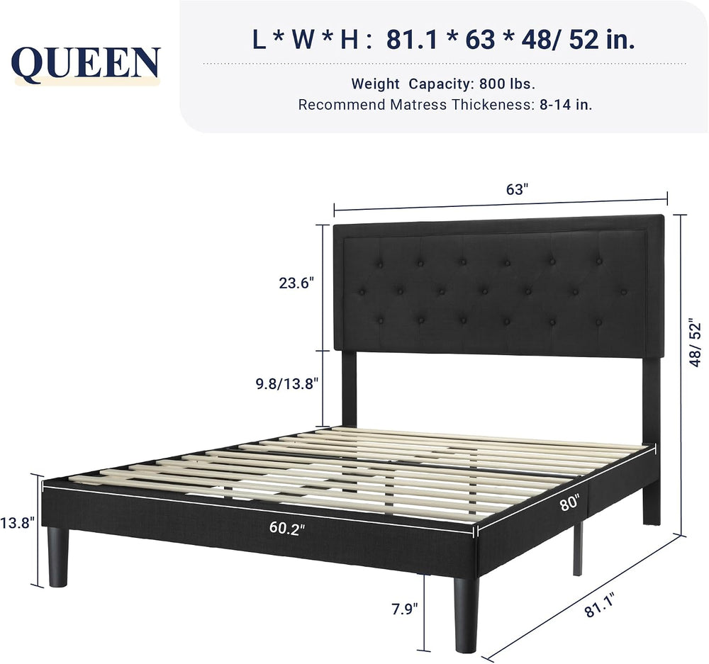 Allewie Queen Size Upholstered Platform Bed Frame with Adjustable Headboard, ...