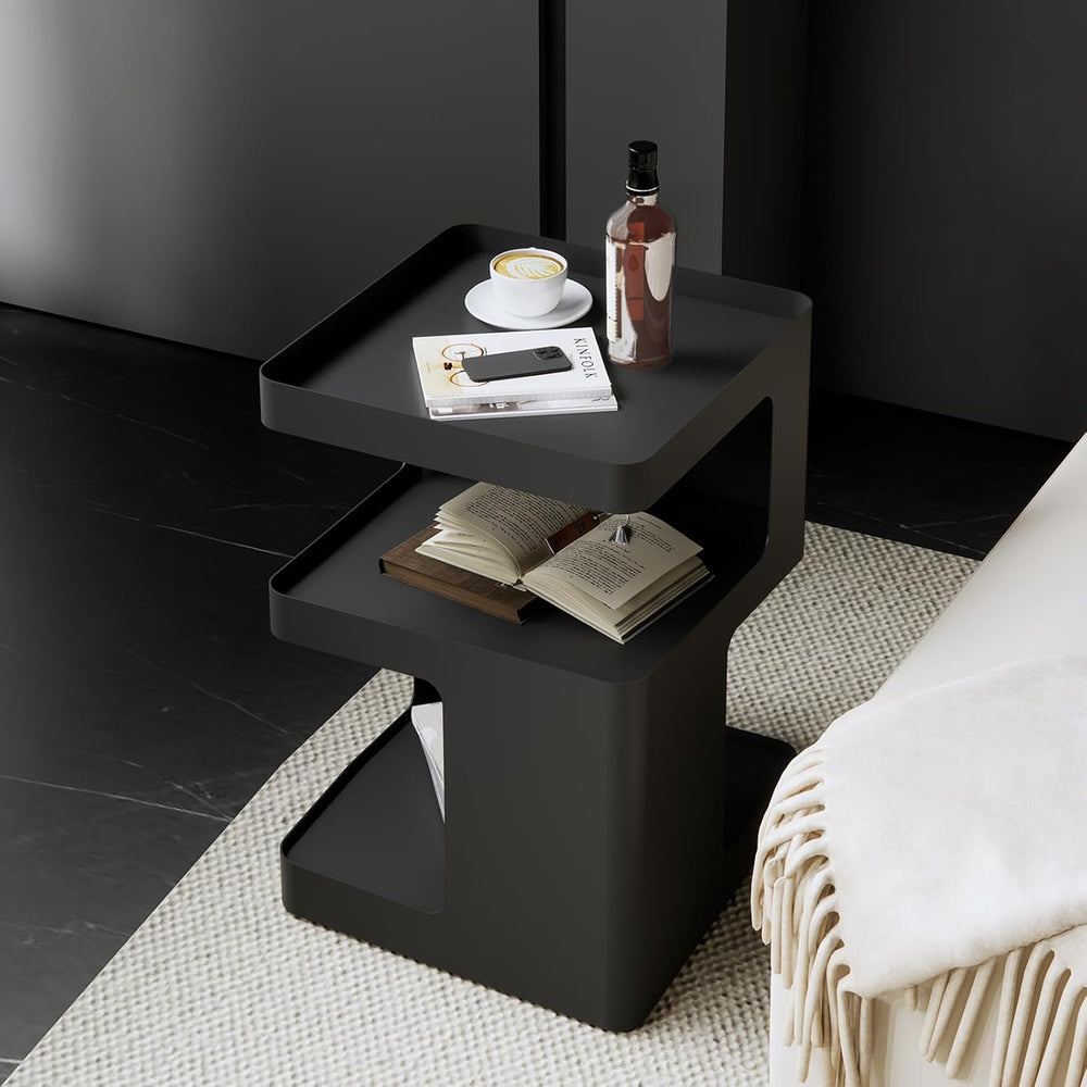 Black Side Table,Modern end Table for Sofa & Couch,3-Tier Metal nightstan...