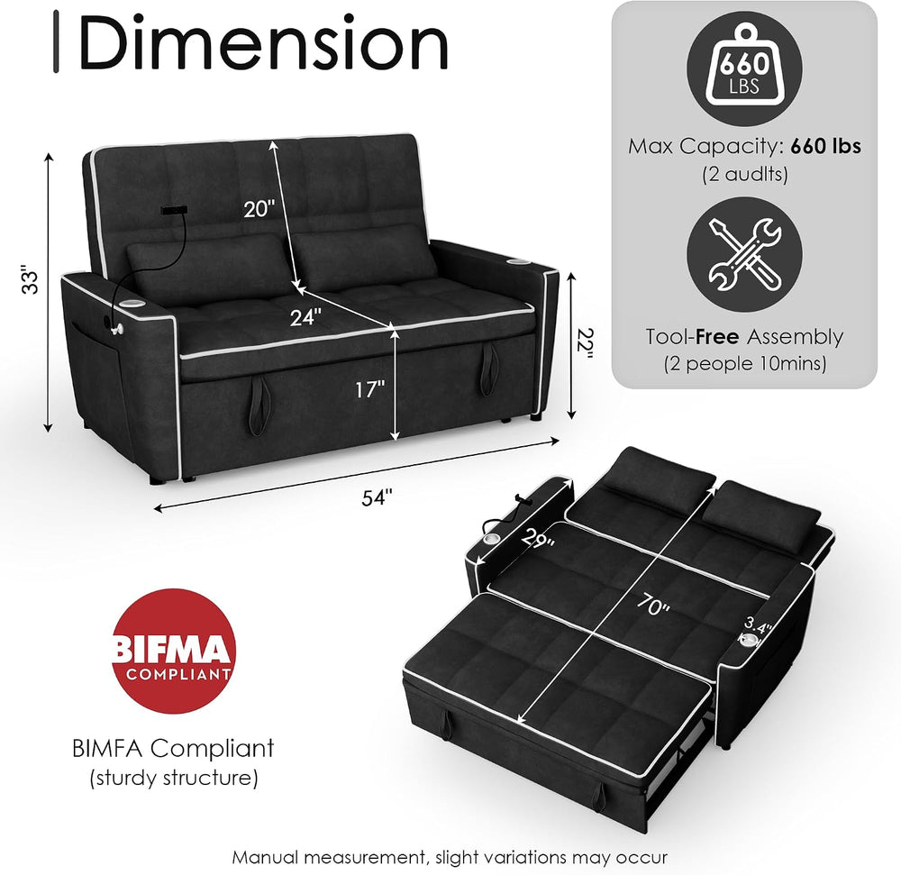 54'' Sleeper Sofa, Convertible Sofa Bed with Phone Holder, Pull Out C...