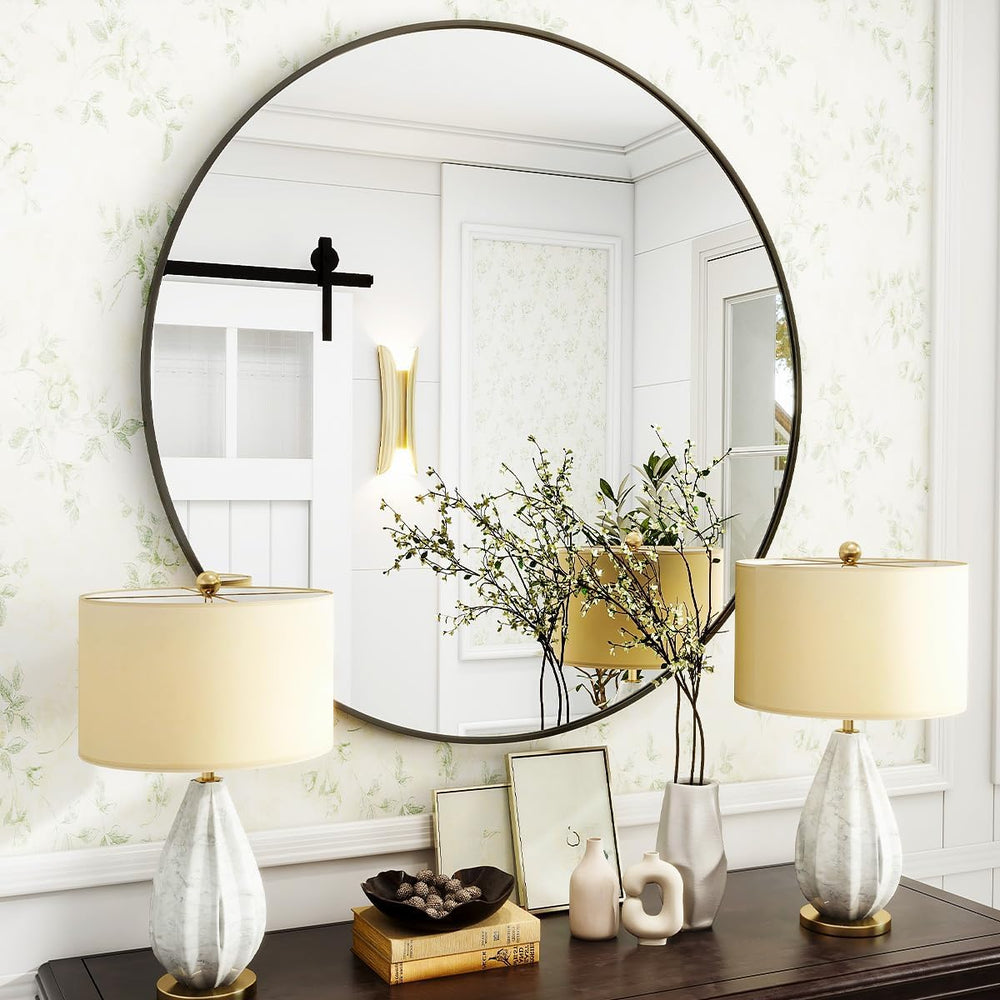 Black Round Bathroom Mirror 30", Thin Metal Frame Wall Mirror