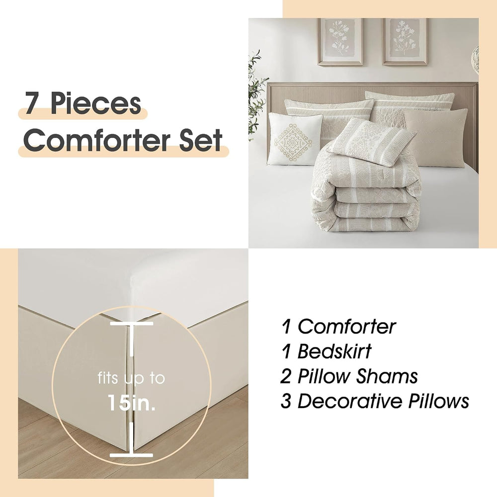 LANCO MODERN LIFESTYLE 7 Piece King Comforter Set, Beige, Elegant Jacquard wi...