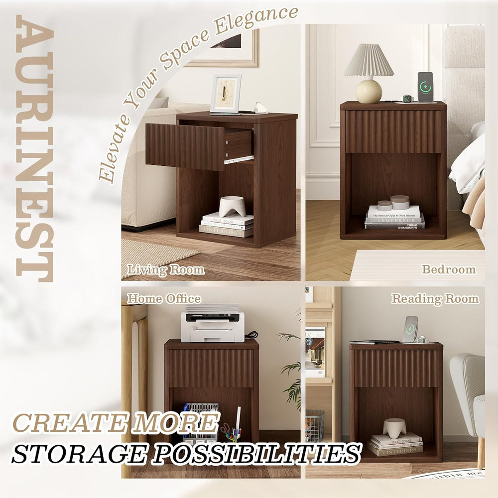 Fluted Nightstands Set of 2 w/Charging Station, Wooden End Table Bed Side Tab...