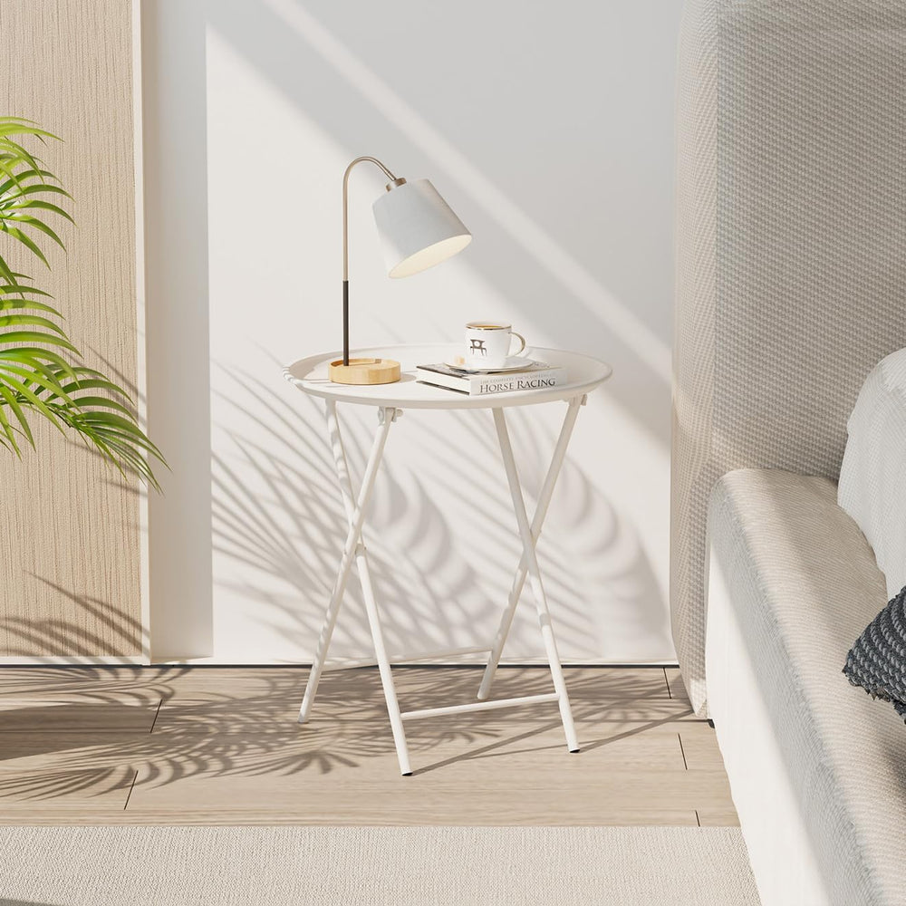 Garden 4 you Folding TV Tray Table, Metal Round Side Table, White Dinner Tabl...