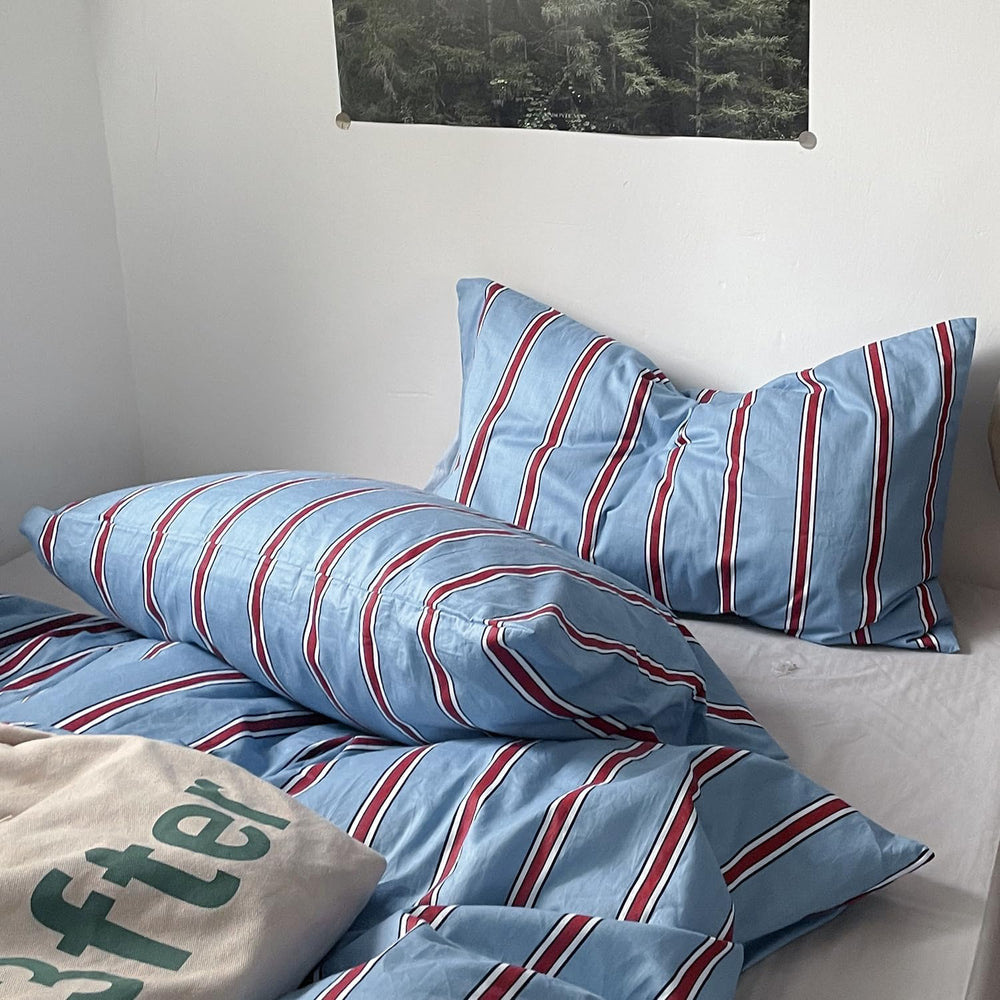 mixinni Vintage Striped Blue Duvet Cover Full - 100% Cotton Red Stripes 3-Pie...