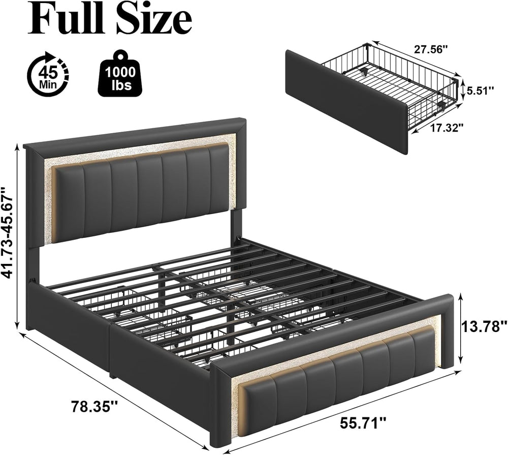 Full Bed Frame with Charging Station, Storage Drawers, Upholstered Black