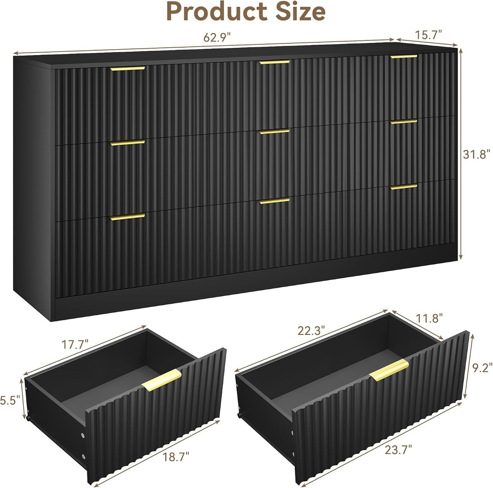 Black 9 Drawer Dresser for Bedroom, 63" Wide Modern Fluted Chest of Draw...