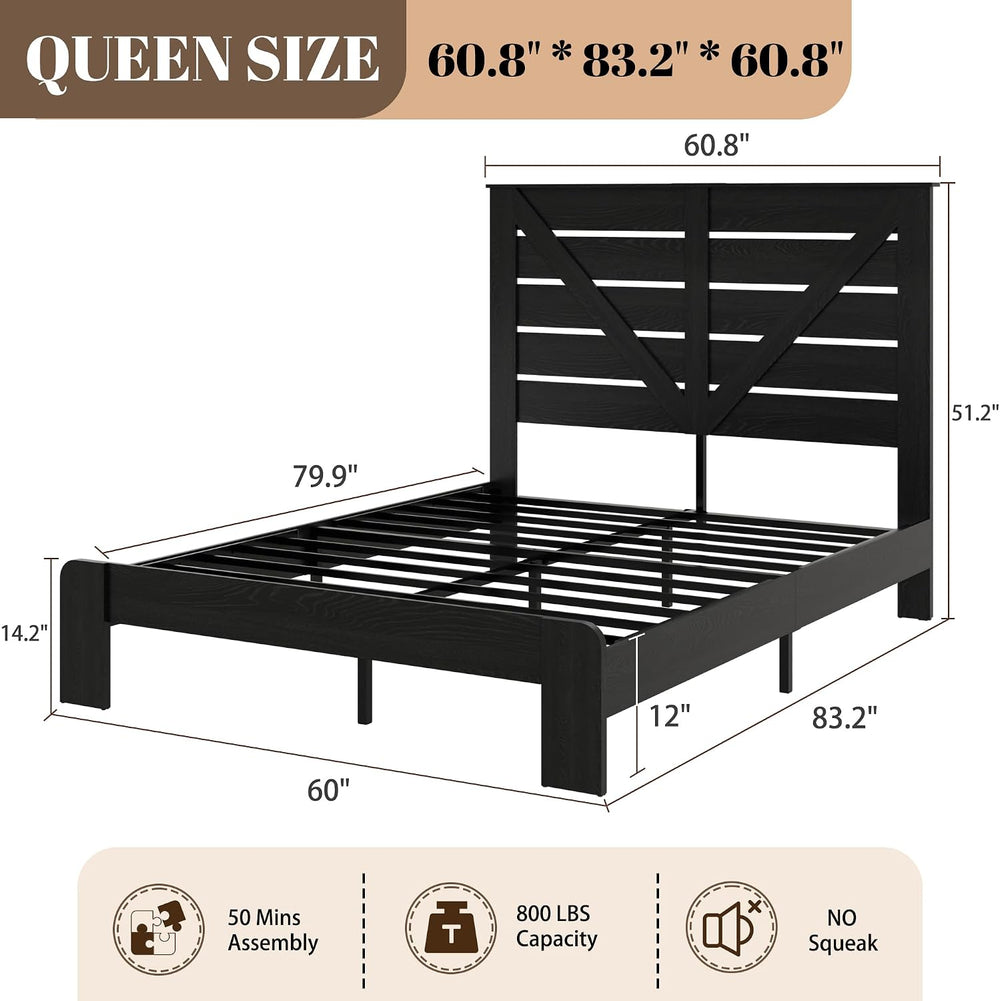 Queen Farmhouse Bed Frame with Headboard, LED Lights, USB Charging