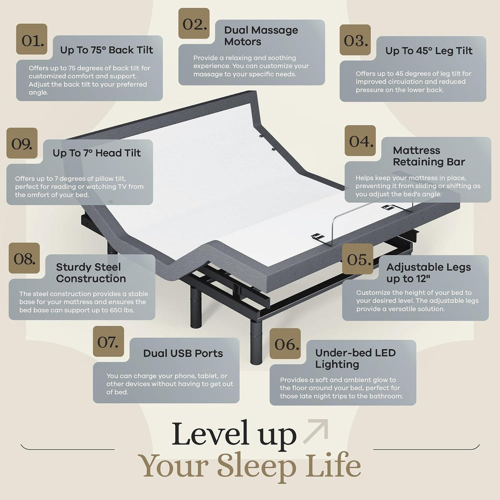 Sven & Son Harmony Adjustable Bed Base, Head and Foot Lift, Massage, Unde...