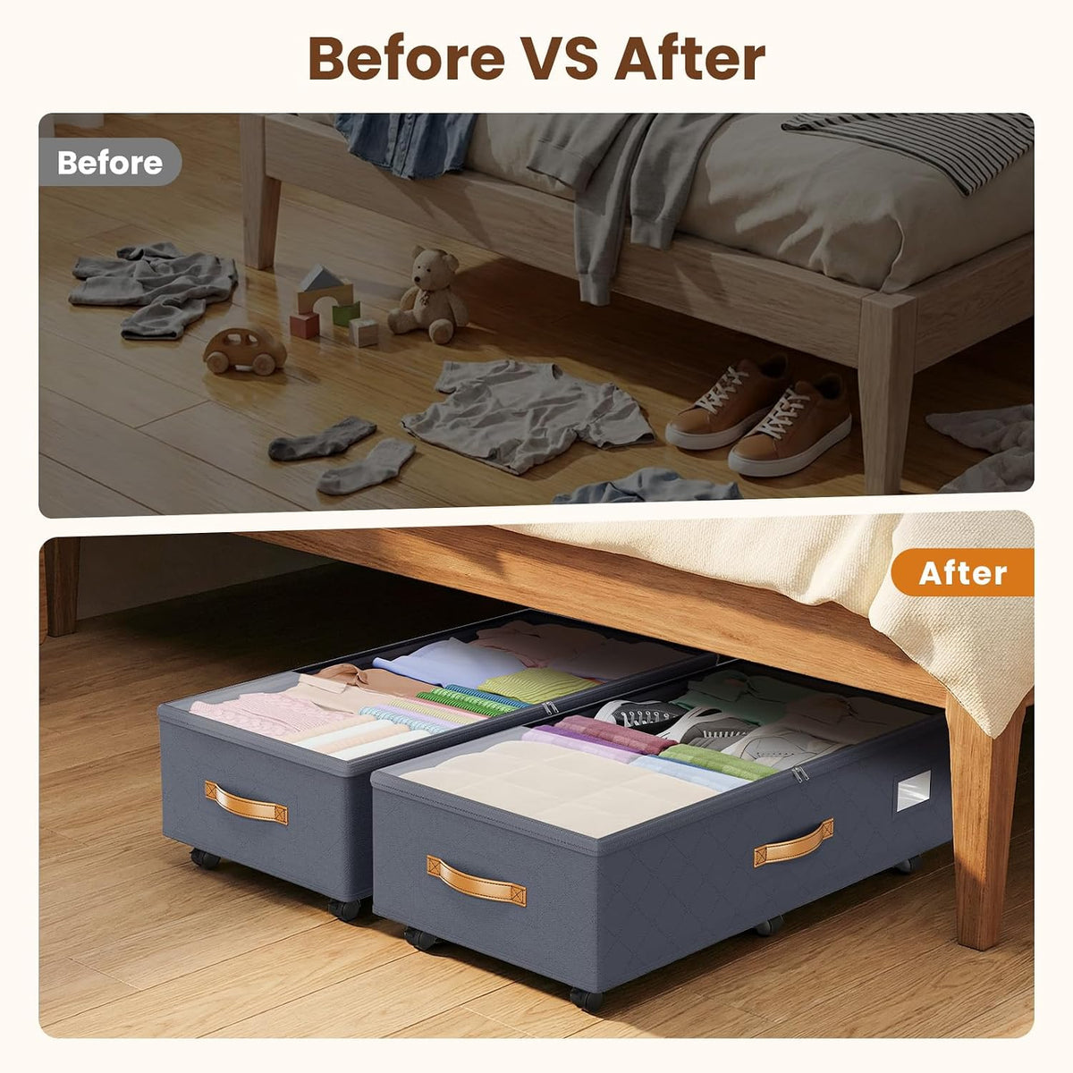 budding joy 80l 2 pack adjustable under bed, front angle view