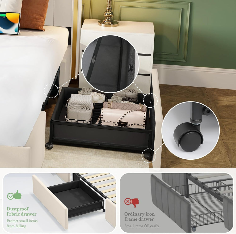 Full Size Bed Frame 4 Storage Drawers,Upholstered Headboard LED & Charging