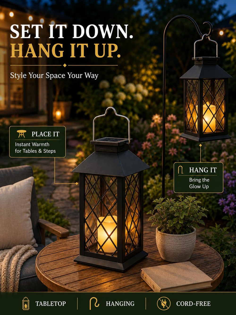 2 Pack 14'' solar lanterns outdoor waterproof๏ผIncludes flameless candles