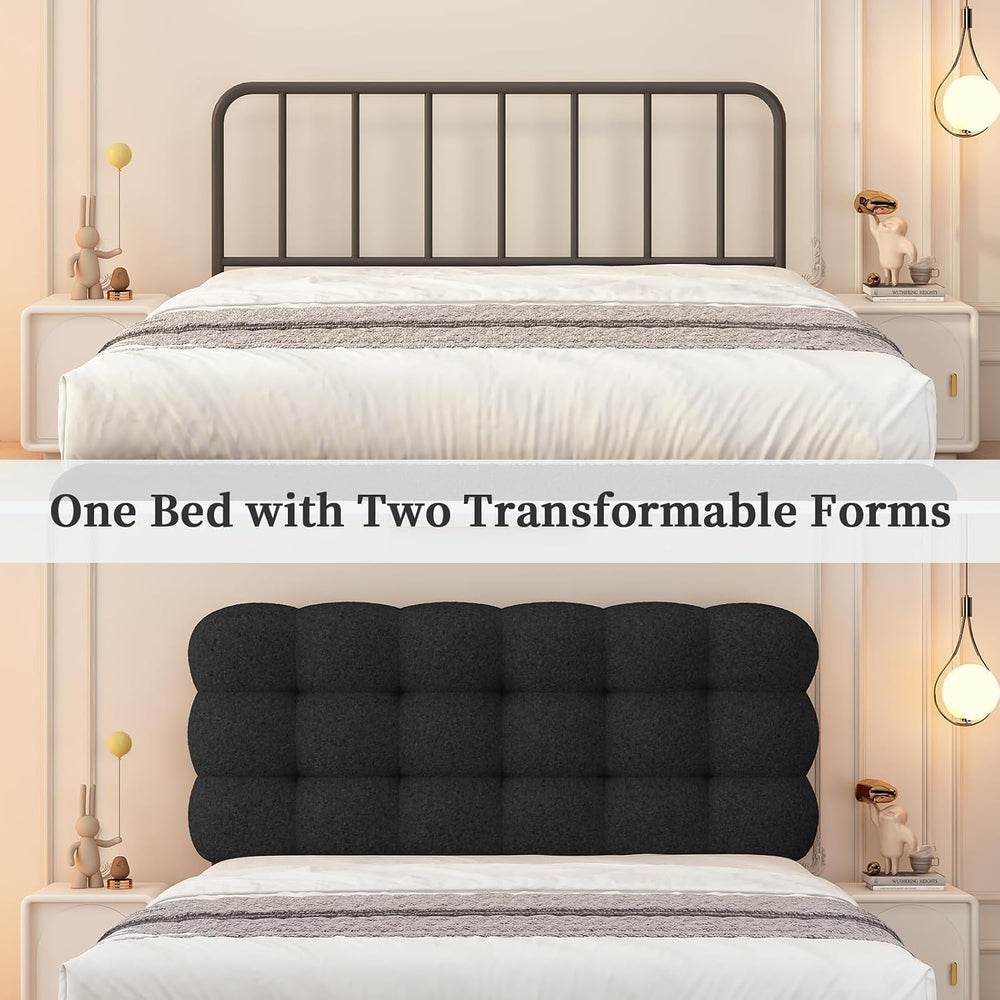 BarnFurin Queen Bed Frame, Soft Teddy Cloud Boucle Headboard, Black