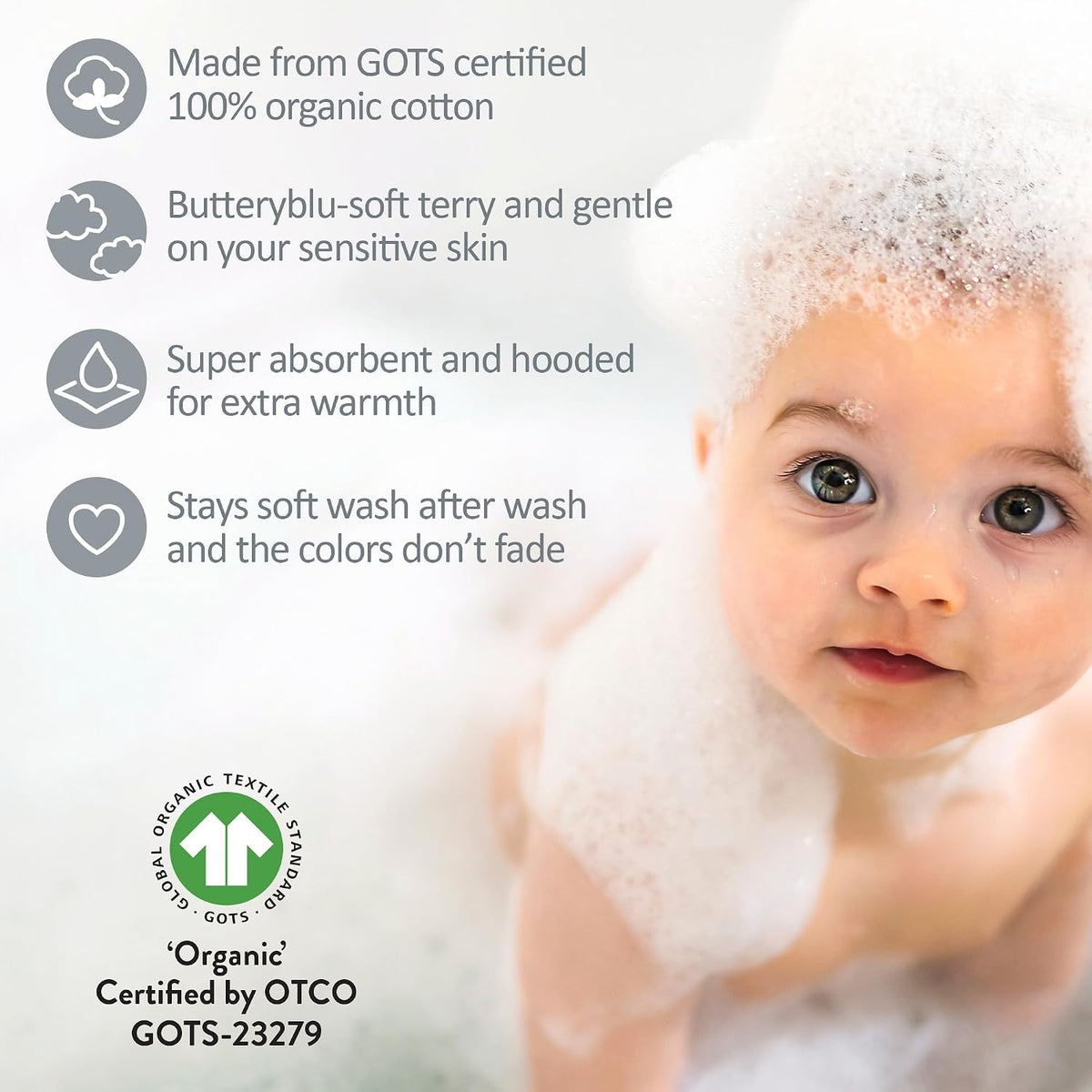 butterblu harper - 100% organic cotton hooded towels, front angle view