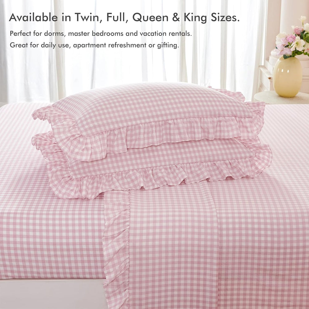 King Gingham Ruffled Sheet Set with 16" Deep Pockets 4 Pieces