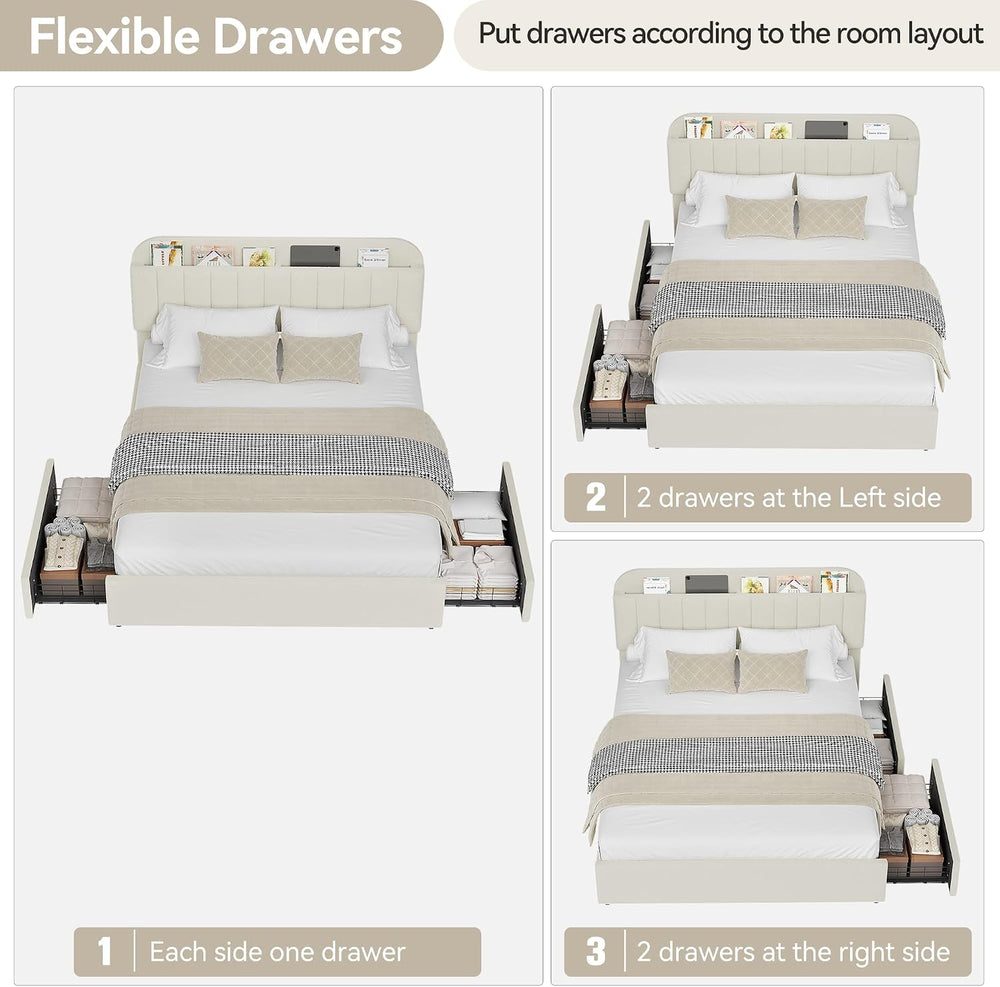 Garvee Full Size Bed Frame with Headboard & Drawers, Upholstered Bed Frame
