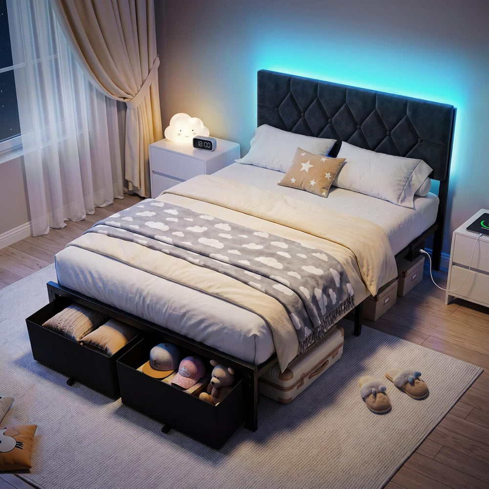 Full Size Bed Frame with 2 Storage Drawers & Upholstered Headboard