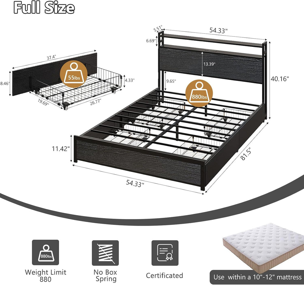 VINGLI Queen Platform Bed Frame with 4 Storage Drawers and Adjustable Headboa...