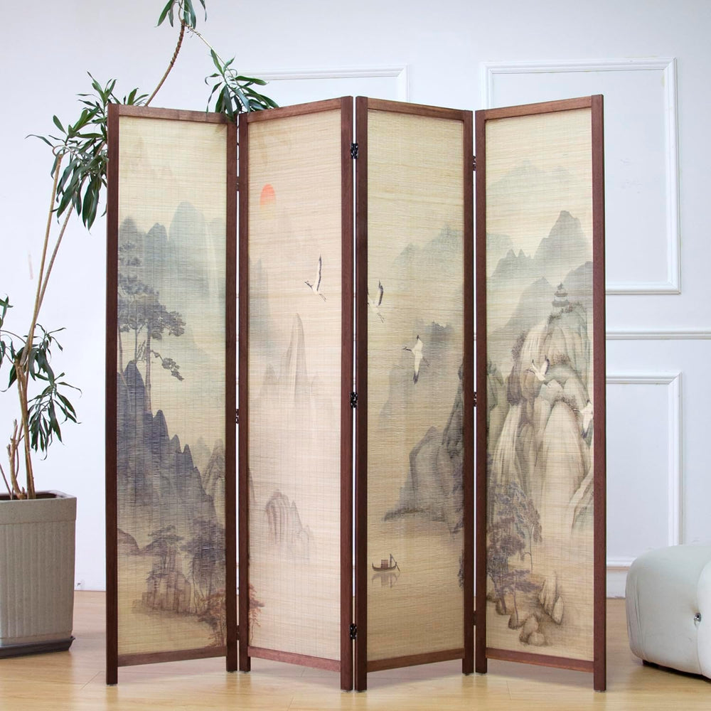 Furnnylane 4 Panel Bamboo Room Divider, 5.6 ft Tall Double-Sided Folding Priv...