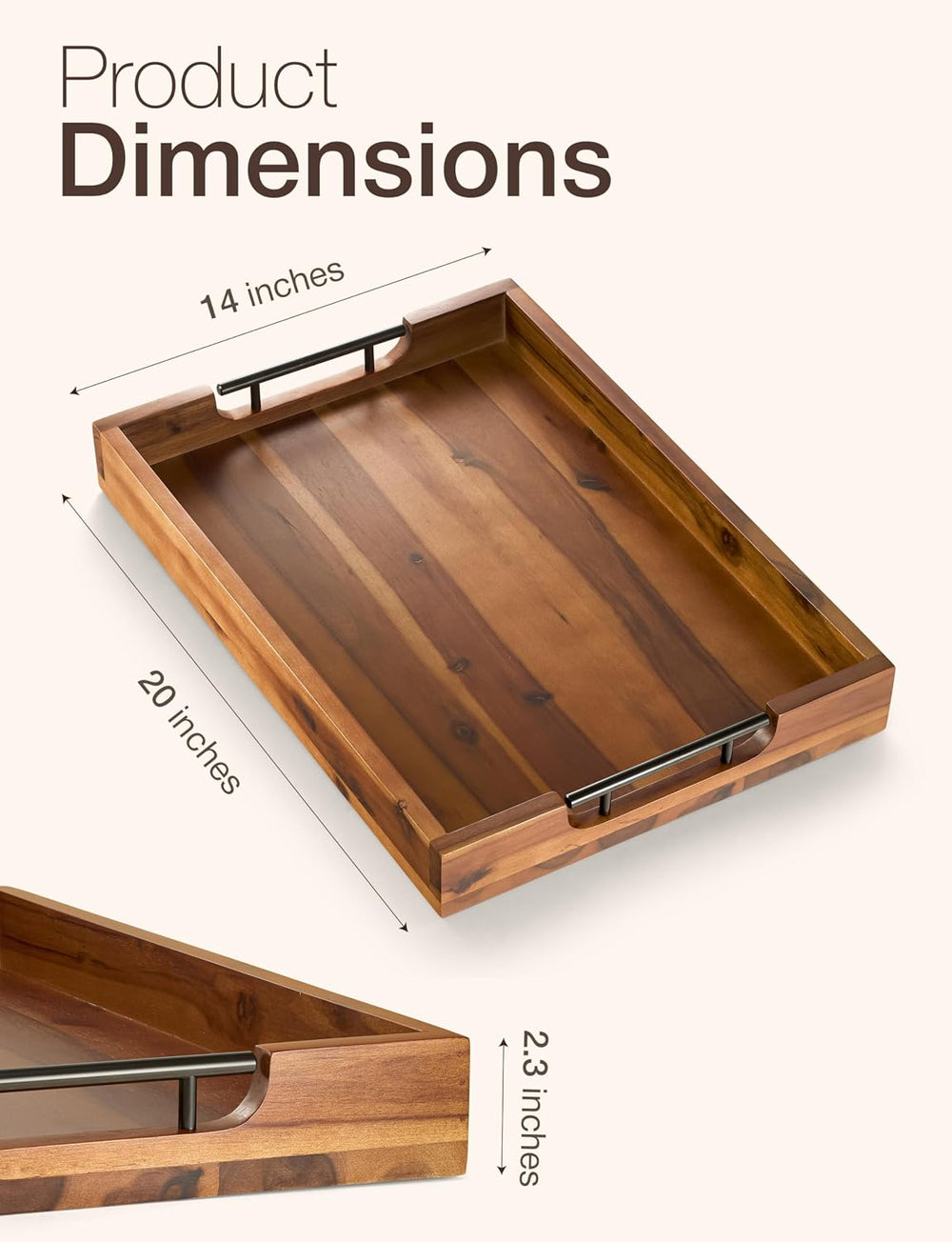 TIDITA 20"x14" Wooden Large Ottoman Tray, Serving Tray with Metal H...