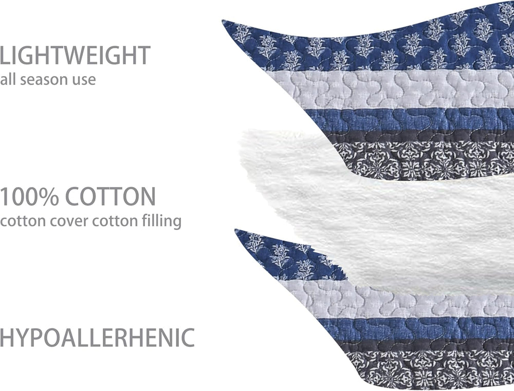 100% Cotton King Size Comforter Set Blue Grey Striped Quilt Set