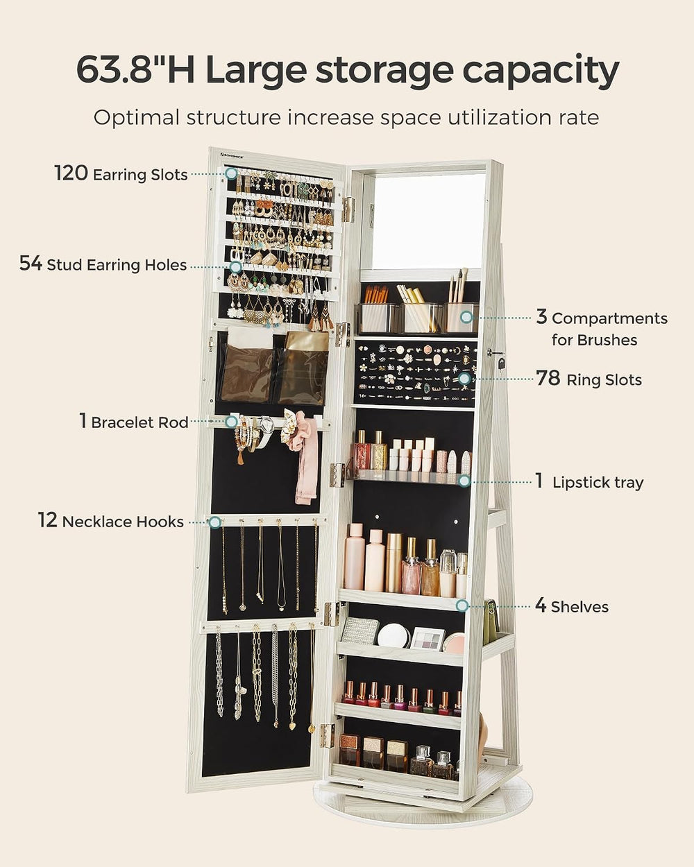 SONGMICS 360° Swivel Jewelry Cabinet, Full-Length Mirror, Lockable