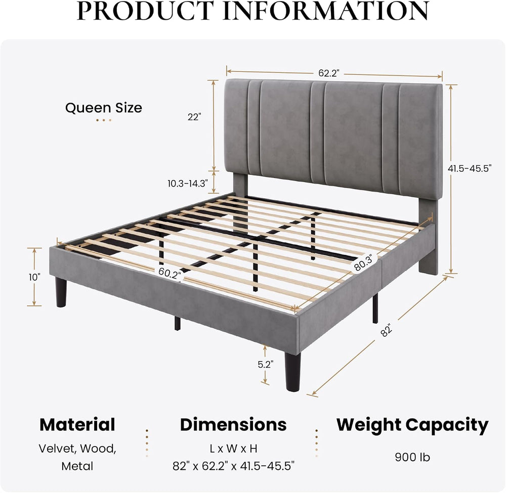 SHA CERLIN Queen Size Velvet Bed Frame with Adjustable Headboard, Grey