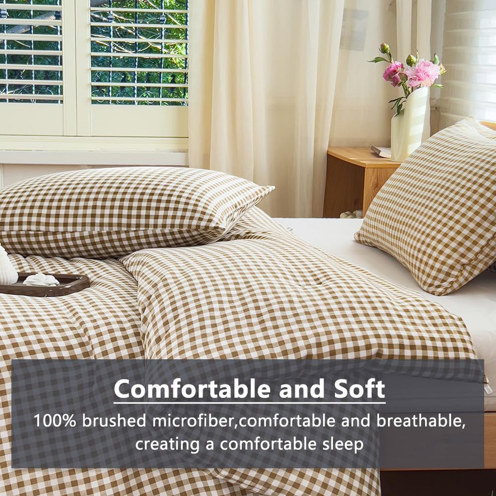 NSNLGSGC Tan Gingham Queen Comforter Set, 3 Pieces
