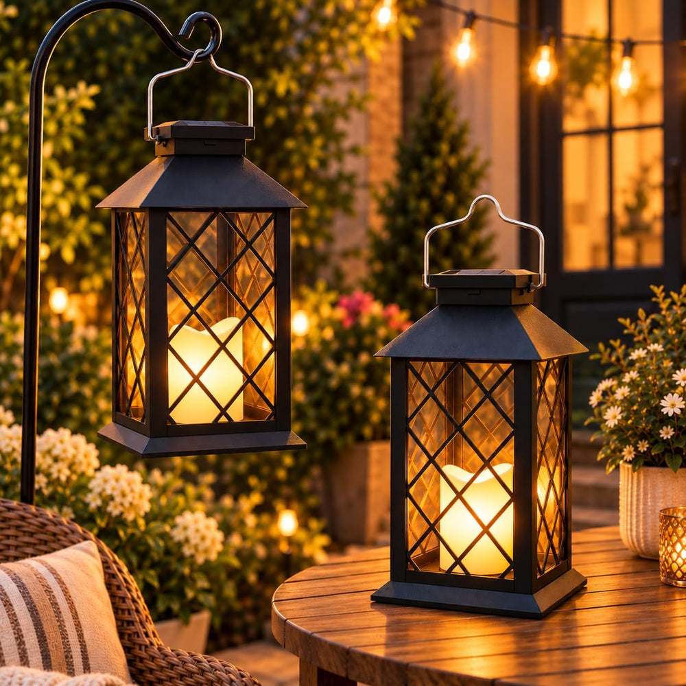 2 Pack 14'' solar lanterns outdoor waterproof๏ผIncludes flameless candles