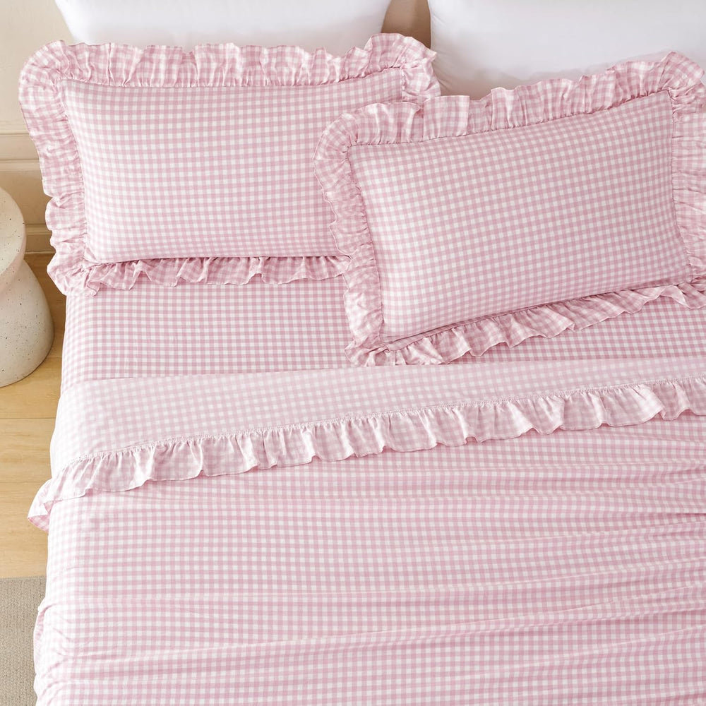 King Gingham Ruffled Sheet Set with 16" Deep Pockets 4 Pieces