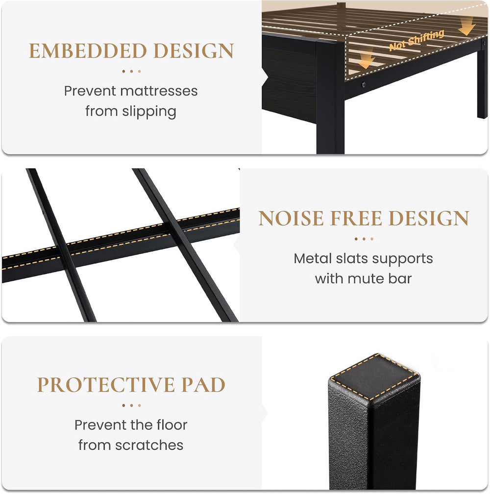 SHA CERLIN Queen Size Bed Frame, Led Light, Charging Station, Storage Shelf