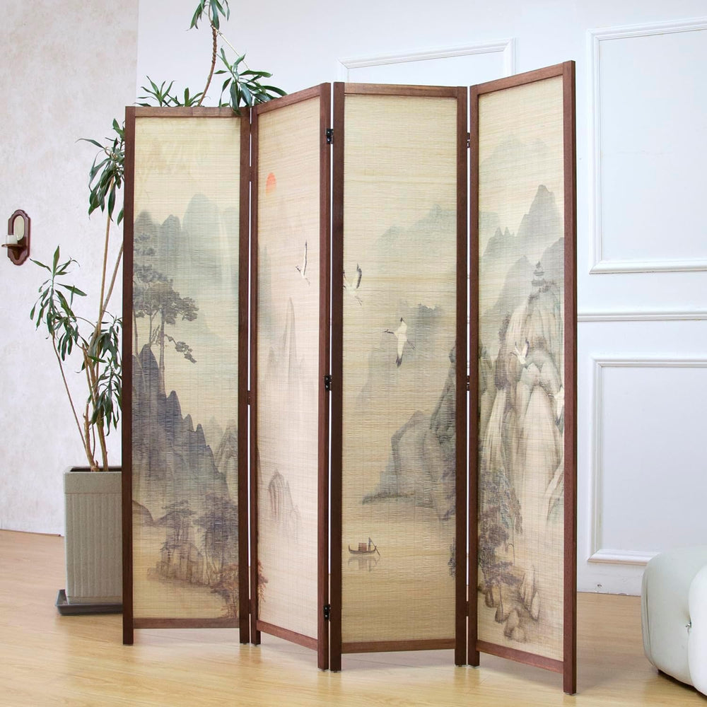 Furnnylane 4 Panel Bamboo Room Divider, 5.6 ft Tall Double-Sided Folding Priv...