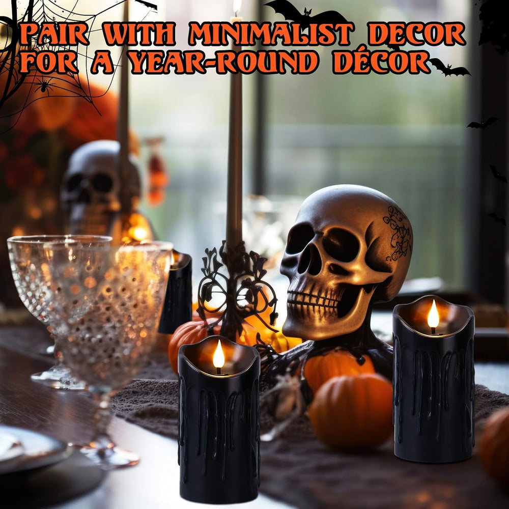 2 Pack Halloween Black Flameless Pillar Candles with Remote, 3 x 6 Inch