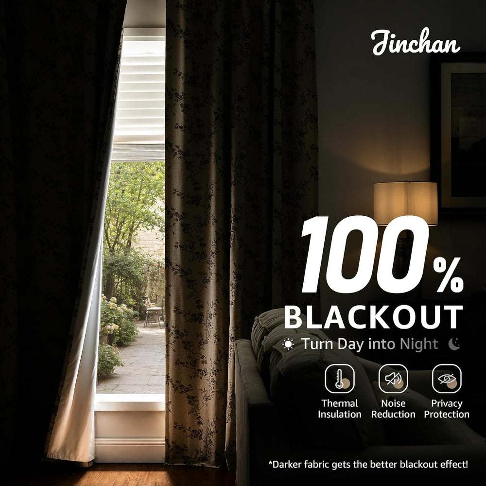 jinchan Linen Blackout Curtains Taupe Floral 84 Inch Back Tab 2 Panels